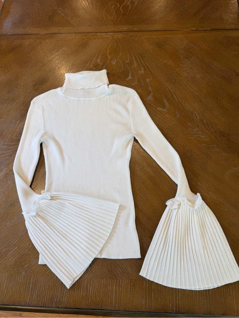 Cream Ribbed Turtleneck Sweater with Pleated Bell Sleeves